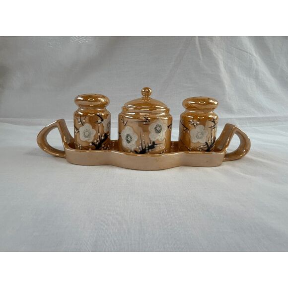 Vintage Lusterware Salt/Pepper/Sugar Set in Holder, Peach Flowers, Made in Japan - Picture 2 of 11